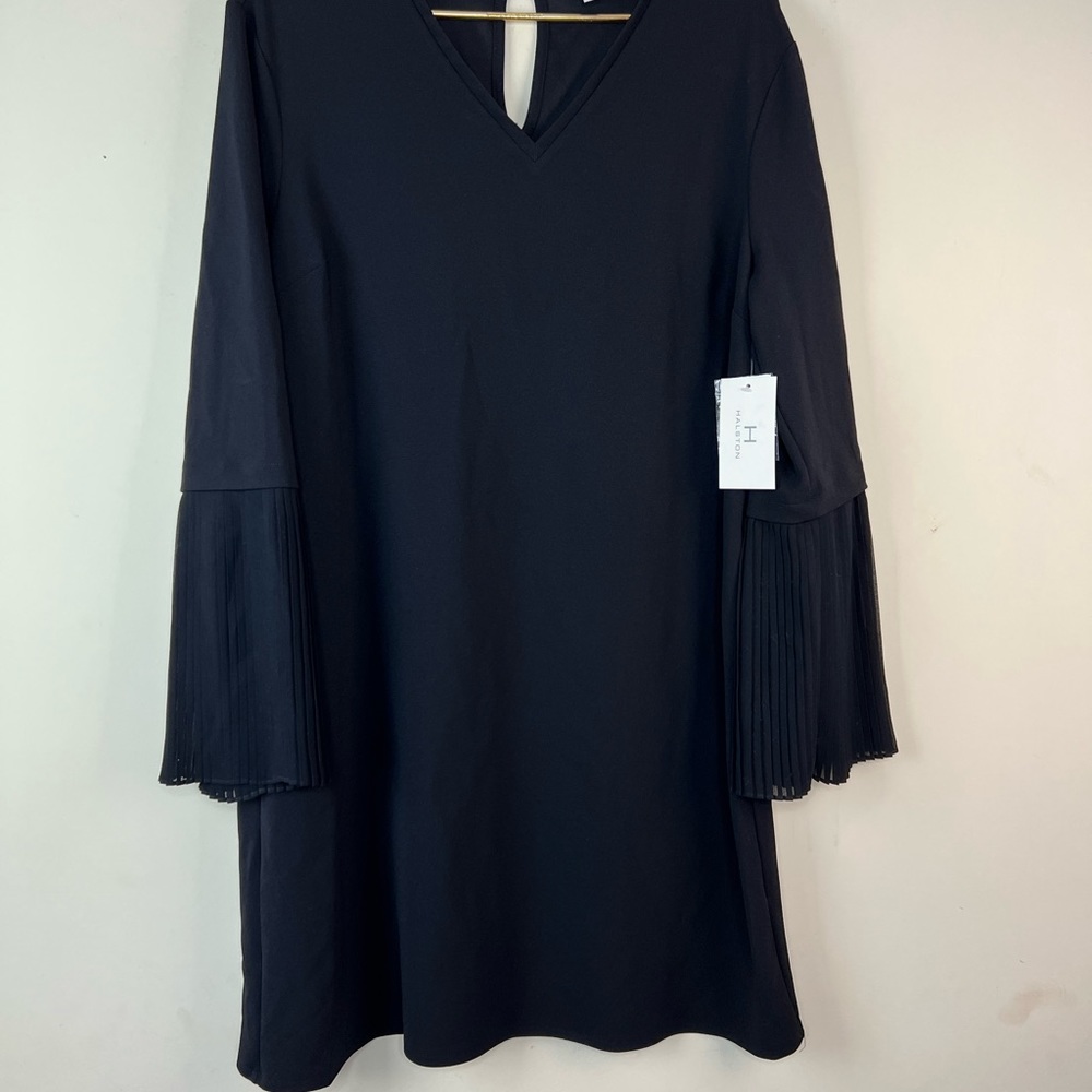 H by Halston Ponte Pleated Sleeve V Neck Black Dress NWT, Large - Picture 3 of 8